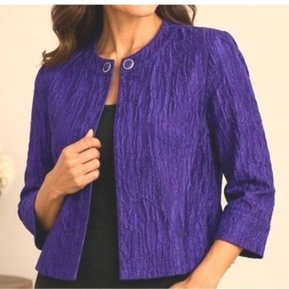 Coldwater Creek Purple Textured Crinkle Swing Jacket 3/4 Sleeve Size 16 Office